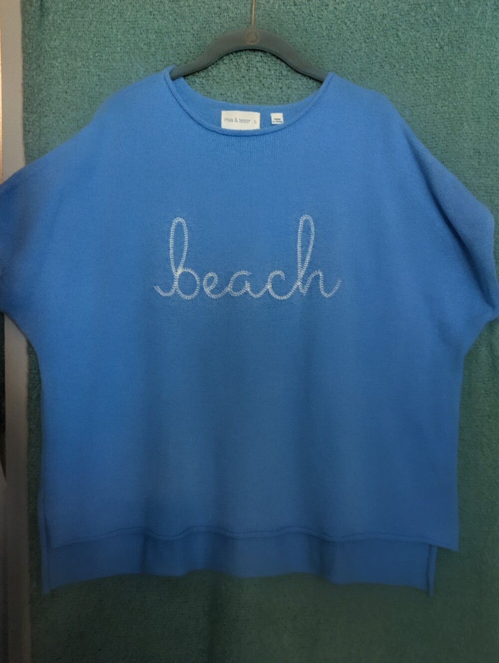 Light Blue Crewneck Sweater with 'beach' Script